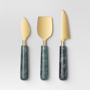 NEW Threshold 3 Pc Stainless Steel Cheese Knife Set with Green Marble Handle